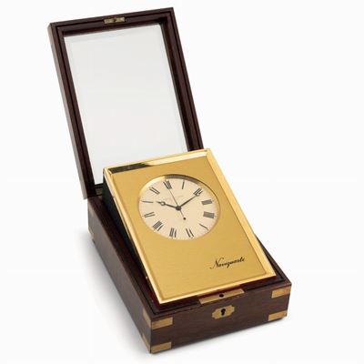 Naviquartz, Ref. 1200e Cronometro da Marina in Legno e Ottone Dorato con Custodia Originale in Le...