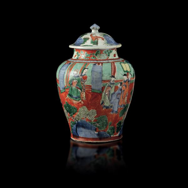 Potiche in porellana a fondo rosso con scene di vita comune, Cina, Dinastia Qing, epoca Shunzhi (1644-1661) 