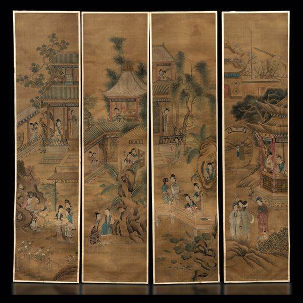 Quattro grandi dipinti su seta a decoro di scene di vita comune, Cina, Dinastia Qing, metà XIX secolo