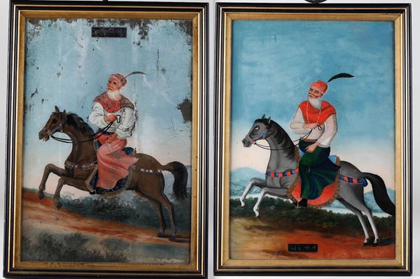 Coppia di dipinti su vetro raffiguranti personaggi a cavallo, India, XIX secolo