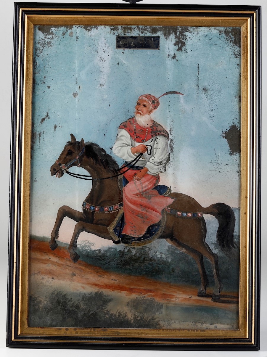 India, XIX secolo, Coppia di dipinti su vetro con personaggi a cavallo