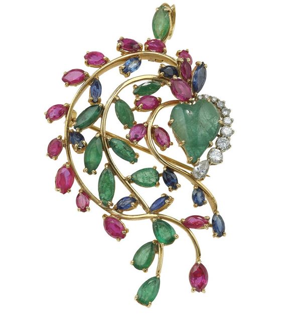 Emerald, ruby, diamond and sapphire brooch