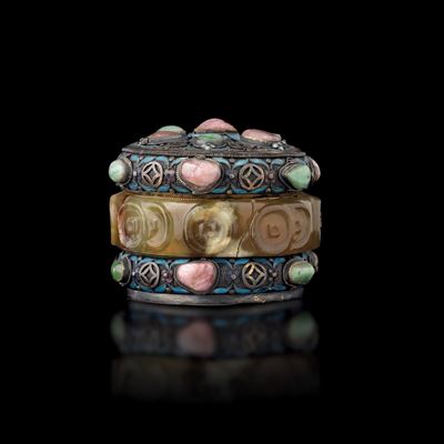 Scatola in Argento, Smalti, Pietre Dure, Giade con Bracciale in Agata, Cina, Dinastia Qing, Inizi...