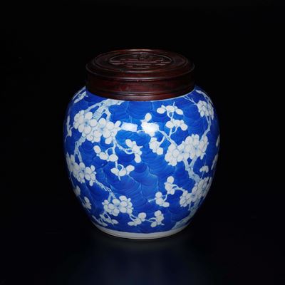 Jinger Jar in Porcellana Bianca e Blu con Decori Floreali, Cina, Dinastia Qing, XIX Secolo