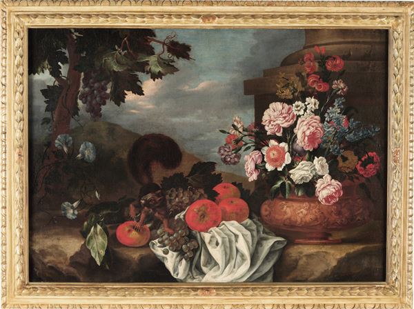 Paesaggio con scoiattolo, vaso di fiori e frutti