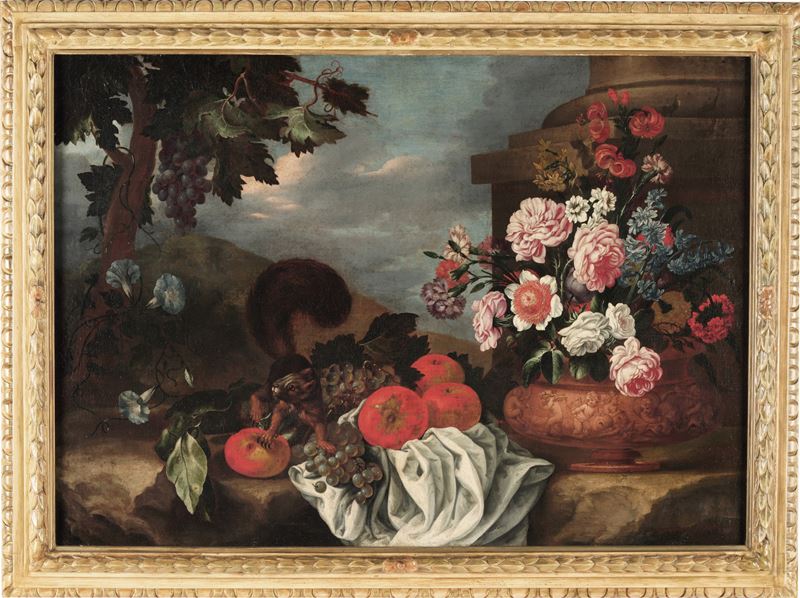 Bartolomeo Ligozzi : Paesaggio con scoiattolo, vaso di fiori e frutti  - olio su tela - Asta Old Masters - Cambi Casa d'Aste