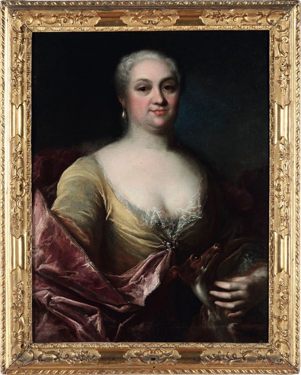 Scuola veneta del XVIII secolo Ritratto di gentildonna con cagnolino