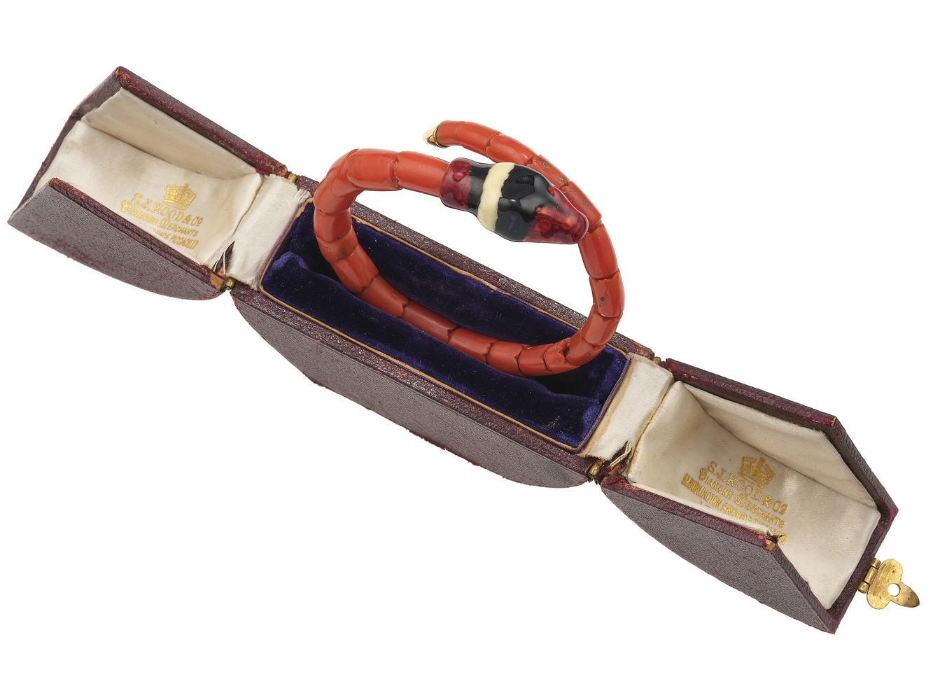 Bracciale rigido a serpente, oro giallo 750/1000 con corallo e smalti policromi