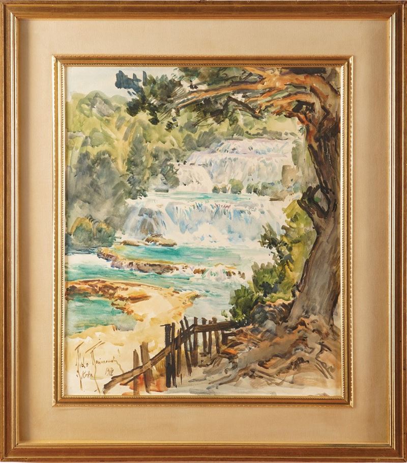 Aldo Raimondi : Paesaggio con cascata, 1972  - olio su cartone - Asta Pittura del XIX-XX secolo - Cambi Casa d'Aste