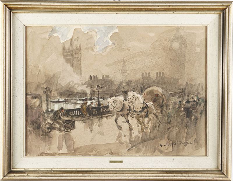 Giulio Falzoni : Londra, sul ponte di Westminster  - olio su cartone - Asta Pittura del XIX-XX secolo - Cambi Casa d'Aste