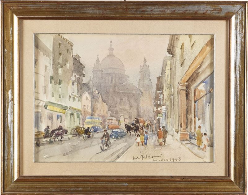Giulio Falzoni : Londra, Saint Paul  - tecnica mista su carta - Asta Pittura del XIX-XX secolo - Cambi Casa d'Aste