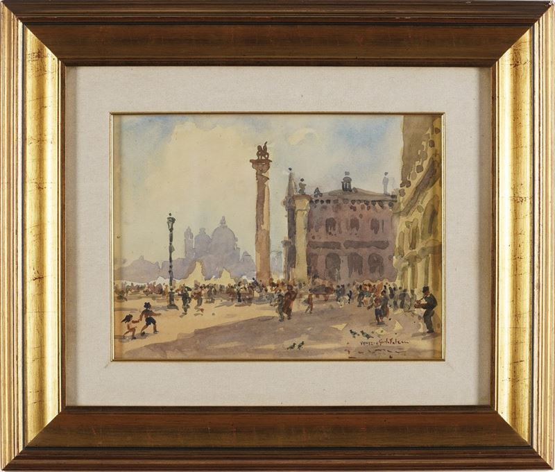 Giulio Falzoni : Venezia (veduta di San Marco)  - acquerello su carta - Asta Pittura del XIX-XX secolo - Cambi Casa d'Aste