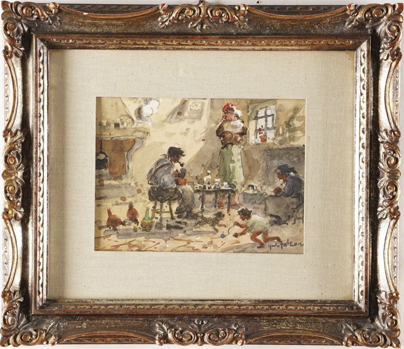 Giulio Falzoni : La famiglia del Ciabattino, 1938  - tecnica mista su cartone - Auction Painting of the XIX-XX century - Cambi Casa d'Aste