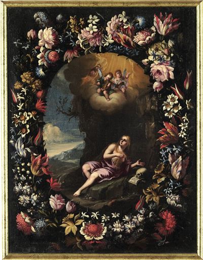 Scuola Napoletana del XVII Secolo Maddalena in Eremitaggio Entro Ghirlanda di Fiori