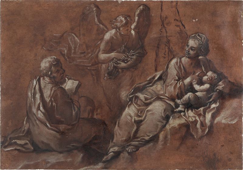 Scuola emiliana del XVII secolo Sacra Famiglia con angelo  - olio su carta - Asta Old Masters - Cambi Casa d'Aste