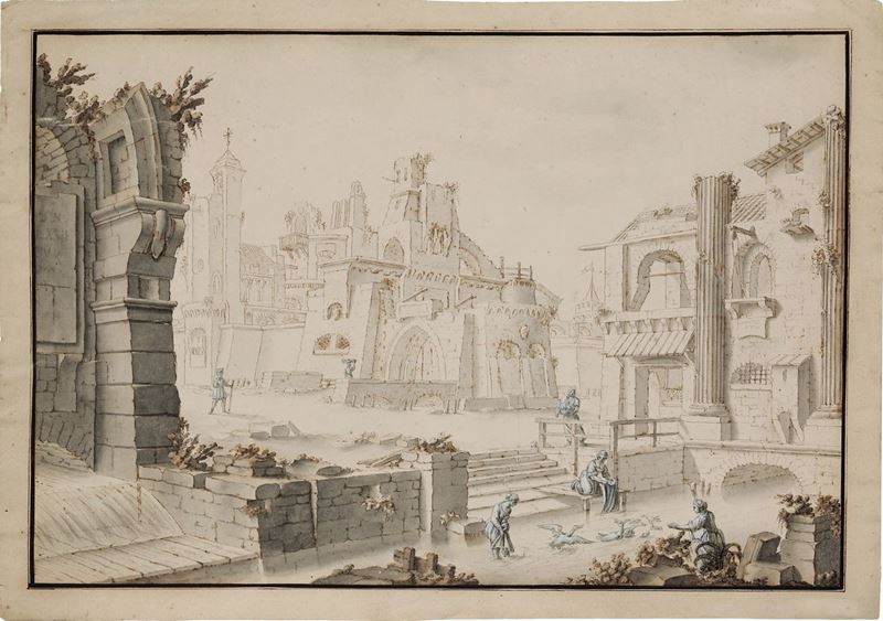 Scuola lombarda del XVIII secolo Scenografia  - penna, inchiostro bruno, acquerello grigio e biacca su carta - Auction Old Masters - Cambi Casa d'Aste