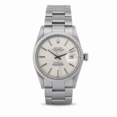 Eccezionale Datejust Ref 16030 Double Signed Tiffany & Co in Acciaio con Ghiera Godronata, Bracci...