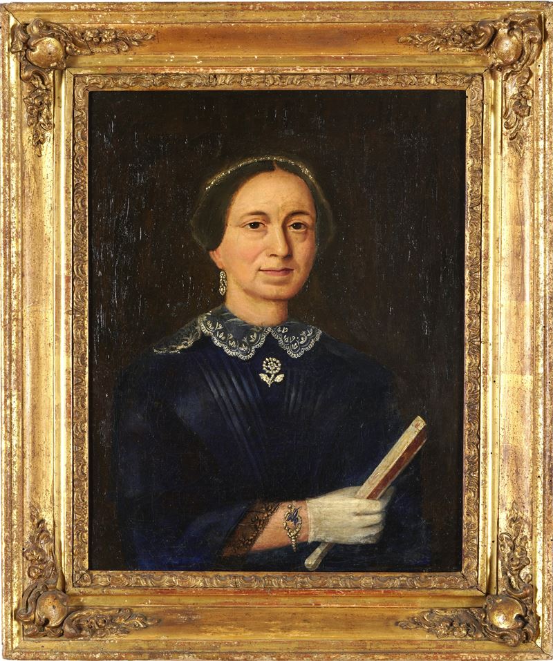Scuola del XIX secolo Ritratto di signora con ventaglio  - olio su tela - Auction Painting of the XIX-XX century - Cambi Casa d'Aste