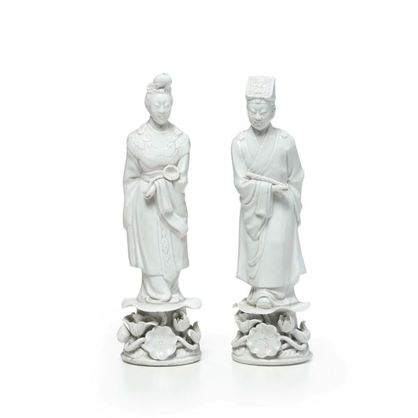 Coppia di figure in porcellana Blanc de Chine, Cina, XX secolo
