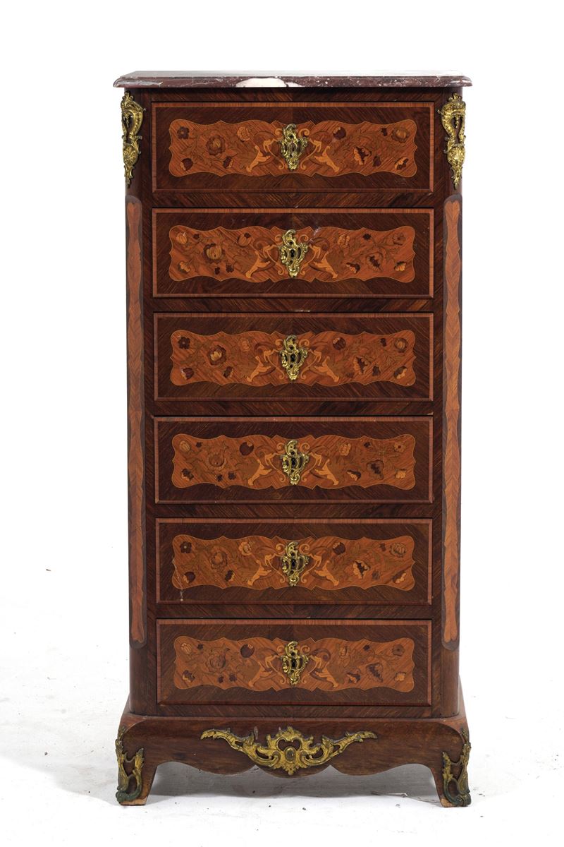 Mobile a sei cassetti lastronato, intarsiato con applicazioni di bronzi dorati. XIX secolo  - Auction Antique - Cambi Casa d'Aste