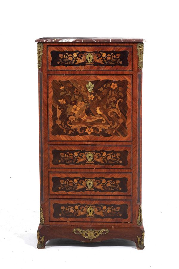 Piccolo secretaire in legno intarsiato. XIX secolo