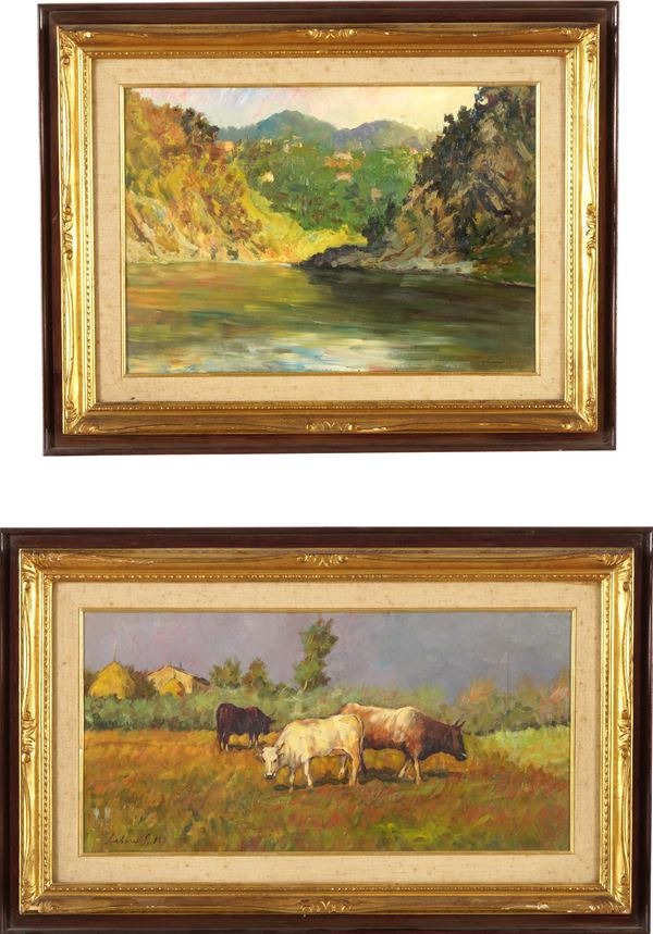 Giovan Battista Lepori - due dipinti ad olio su tavola Veduta di lago Paesaggio con mucche