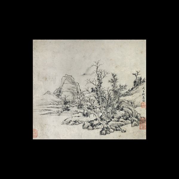Scroll su carta a decoro di paesaggio e iscrizioni, firmato Gao Dai, Cina, XX secolo