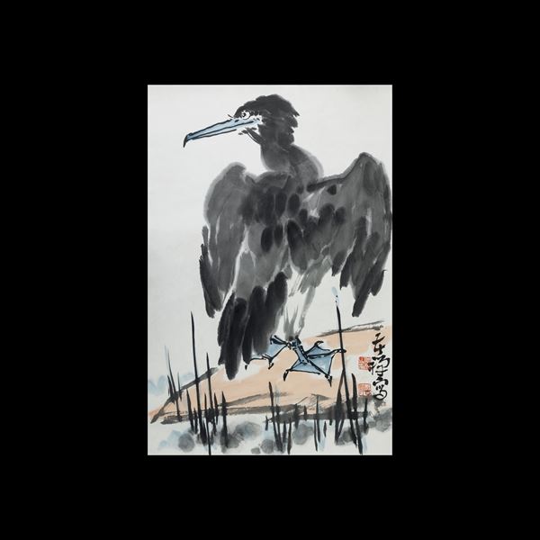 Scroll su carta a decoro di cormorano, autore Li Kuchan (1899-1983), Cina, XX secolo