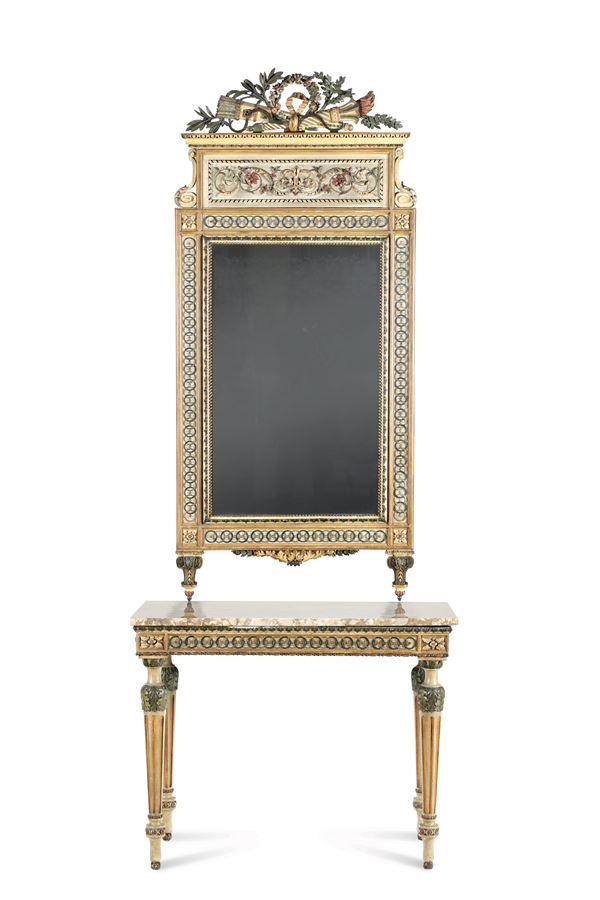 Consolle con specchiera in legno intagliato e laccato. XVIII-XIX secolo