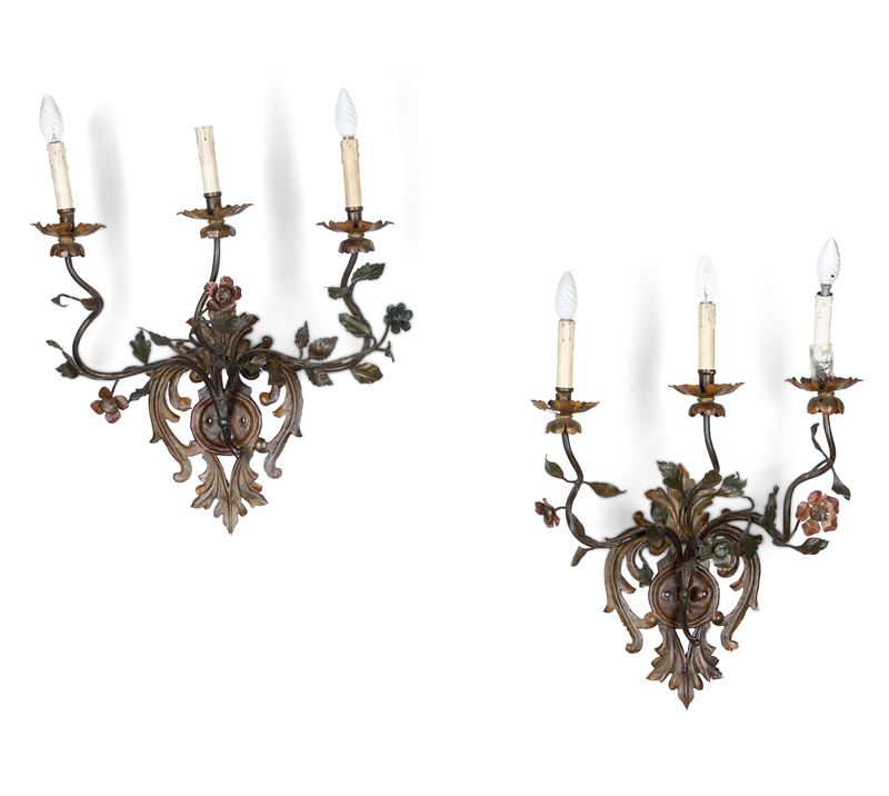 Coppia di appliques a tre luci, XIX secolo  - Asta Antiquariato - Cambi Casa d'Aste