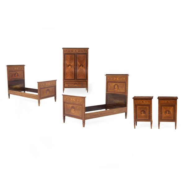 Camera da letto in legno lastronato e intarsiato stile Luigi XVI. XX secolo