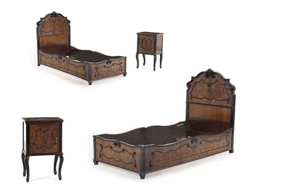 Coppia di letti e di comodini lastronati in radica. XX secolo