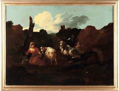 Paesaggio con pastore e armenti, olio su tela