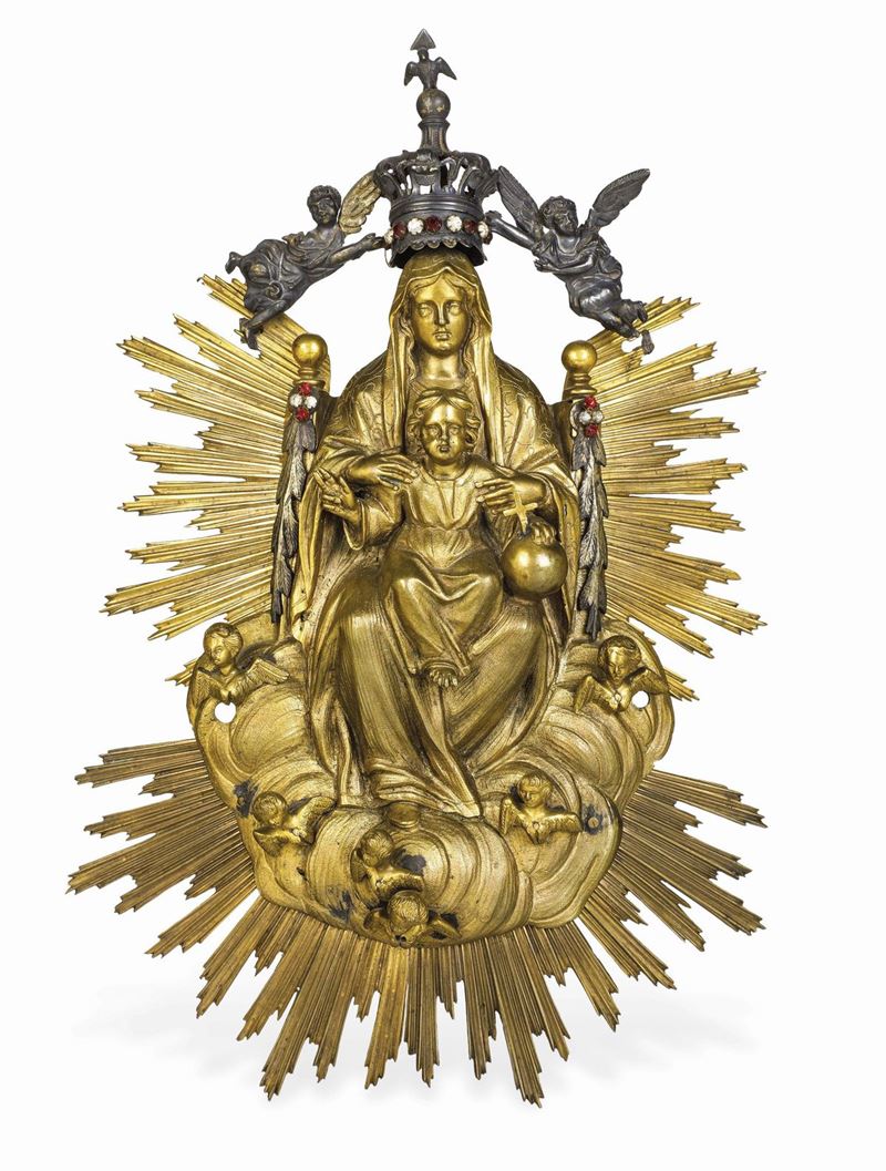 Madonna con Bambino in gloria. Oreficeria barocca, italia centro meridionale, XVIII secolo  - Asta Scultura e Oggetti d'Arte - Cambi Casa d'Aste