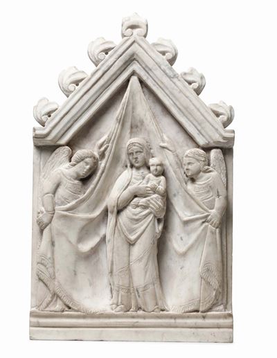 Madonna con Bambino ed Angeli. Arte Gotica Toscana Metà del XIV Secolo. Scultore Prossimo Ad Agos...