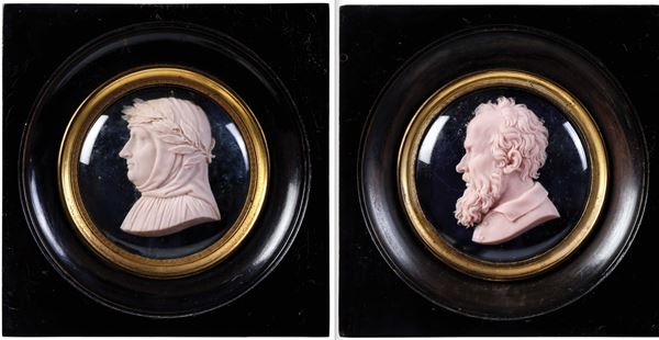 Due profili di Michelangelo e Petrarca. Arte Neoclassica, Toscana XVIII-XIX secolo. Ceroplasta prossimo a Giovanni Antonio Santarelli (Monoppello 1758 Firenze 1826)