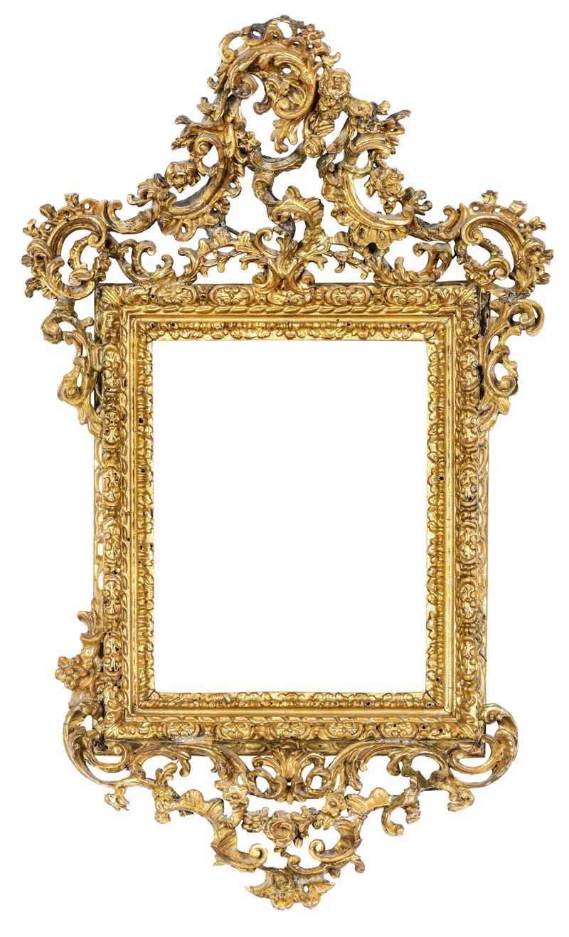 Specchiera con cornice in legno intagliato, traforato e dorato. XVIII secolo  - Auction Antique Frames - Cambi Casa d'Aste