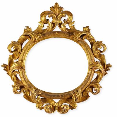 Cornice Ovale in Legno Intagliato e Dorato. Emilia XVIII Secolo