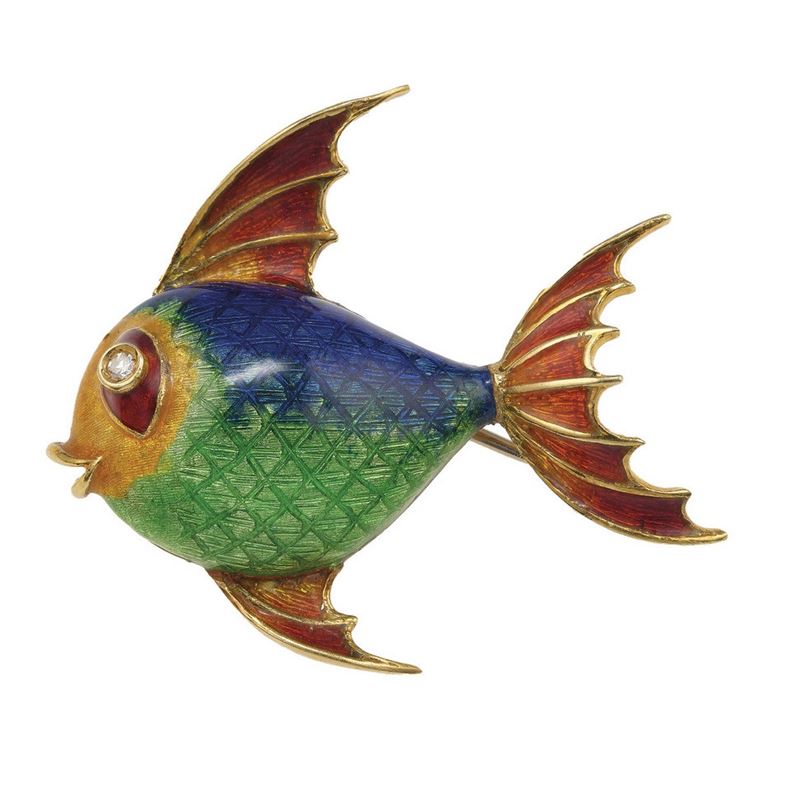 Enamel, diamond and gold brooch  - Auction Jewels - Cambi Casa d'Aste