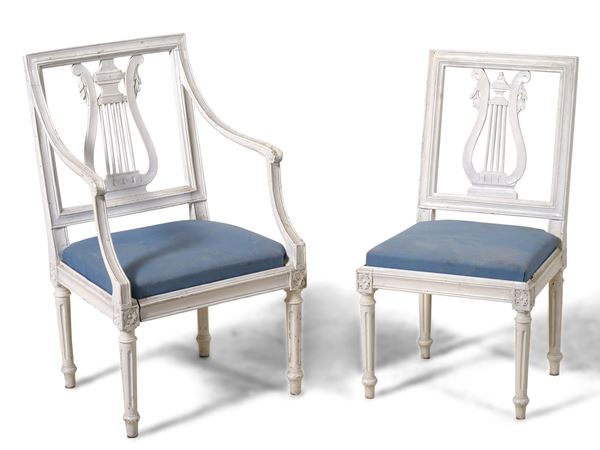 Poltrona e sedia in legno dipinto, XIX-XX secolo