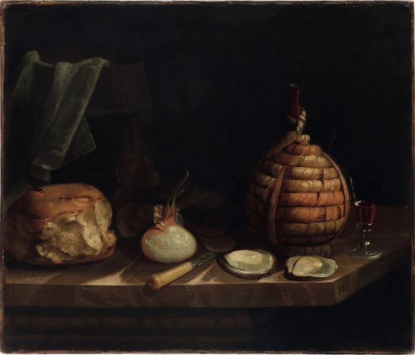 Sebastian Stoskopff - Natura in posa con pane, ostriche e fiasco