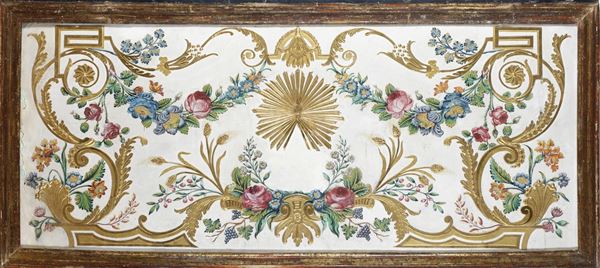 Pannello dipinto a motivi floreali con decori dorati a rilievo. Fine XIX secolo