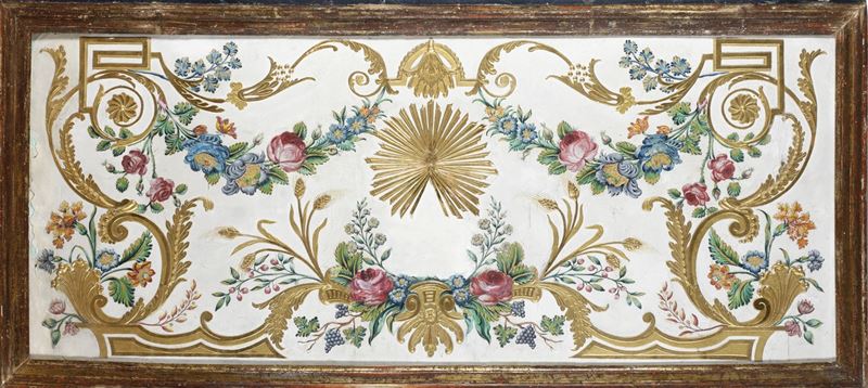 Pannello dipinto a motivi floreali con decori dorati a rilievo. Fine XIX secolo  - Asta Antiquariato - Cambi Casa d'Aste