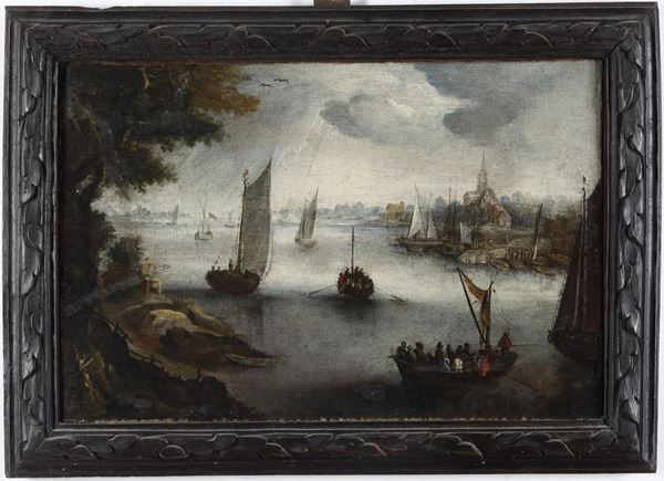 Scuola fiamminga del XVII secolo Paesaggio fluviale con imbarcazioni