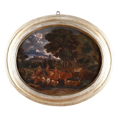 Paesaggio con pastori e armenti, olio su tela ovale