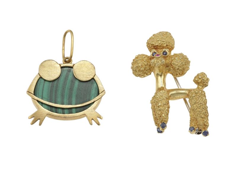 Gold "poodle" brooch and gold and malachite "frog" pendant  - Auction Fine Jewels - Cambi Casa d'Aste