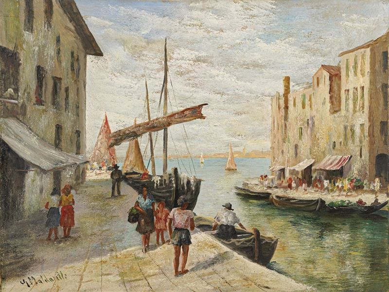 Giuseppe Maldarelli : Paesaggio portuale  - Asta Dipinti del XIX e XX secolo - Cambi Casa d'Aste