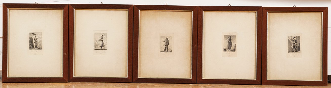 Lotto di 13 Acqueforti, 12 Costumi D'italia, 1750, Riprodotte nel 1862, e una Rappresentazione