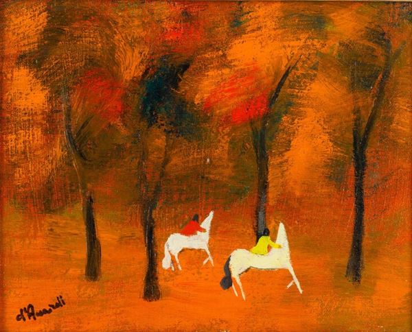 Due cavalieri nel bosco in autunno