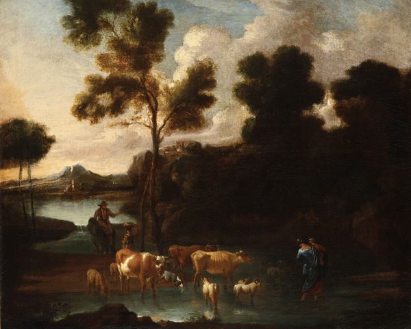 Scuola del XVIII secolo Paesaggio con pastori e armenti